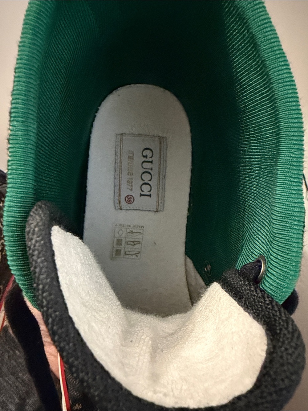 Gucci Black Denim High-Top Sneaker with Green & Red Stripe - Picture 3 of 7